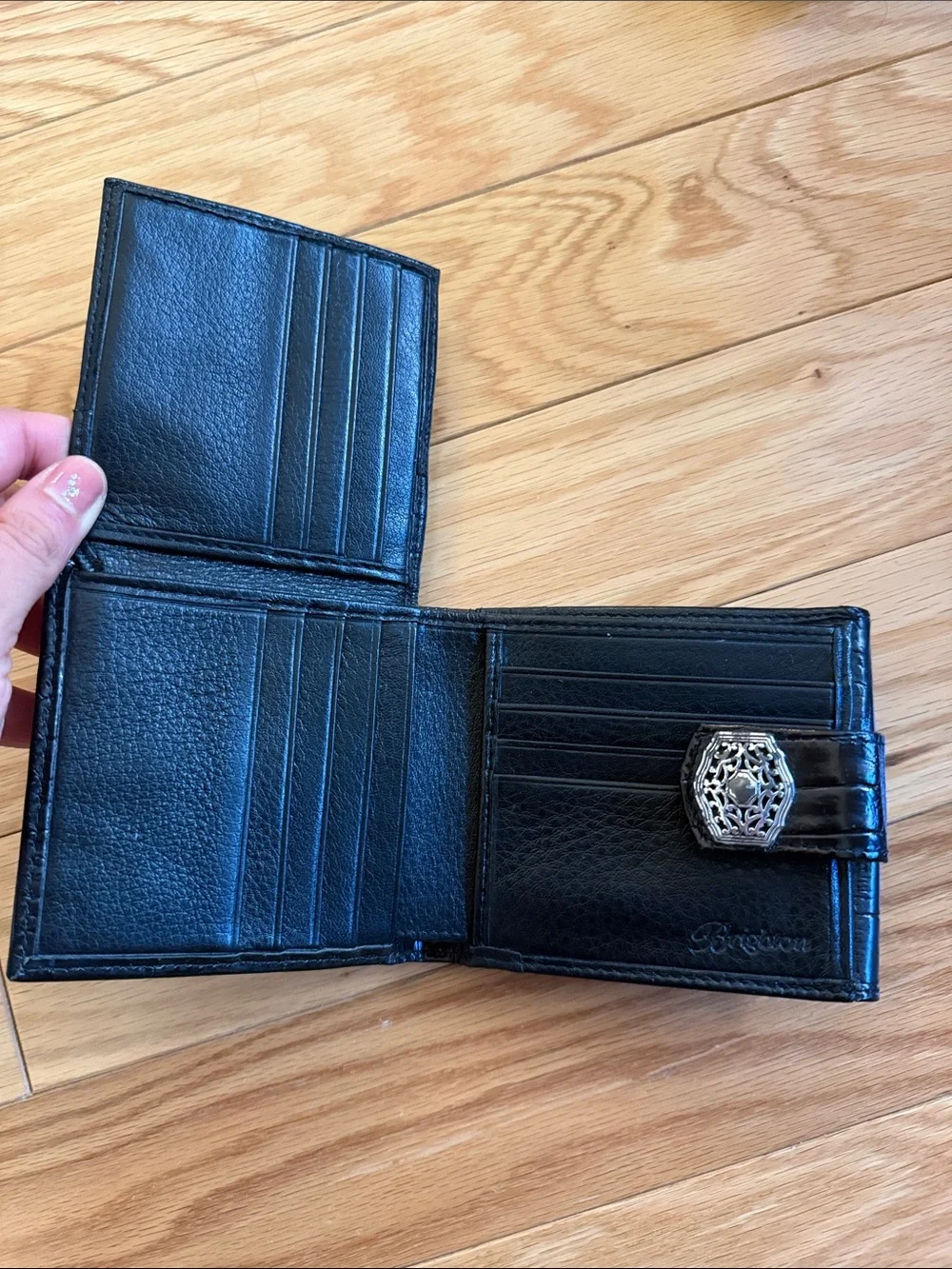 Brighton Black Croc-Embossed Leather Bi-Fold Wallet with Silver Accent